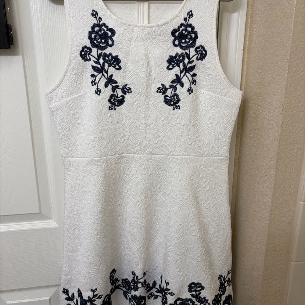 Francesca's Collections White Dress with Navy Floral Embroidery